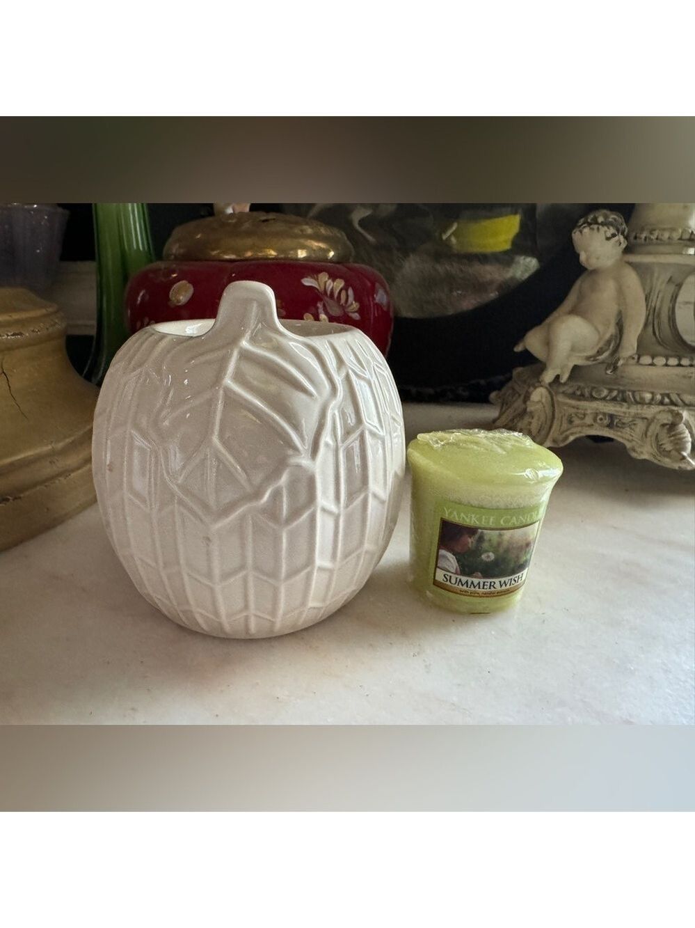 Yankee Candle Chevron Pumpkin Votive Holder (2017) w/Summer Wish Votive (2014)